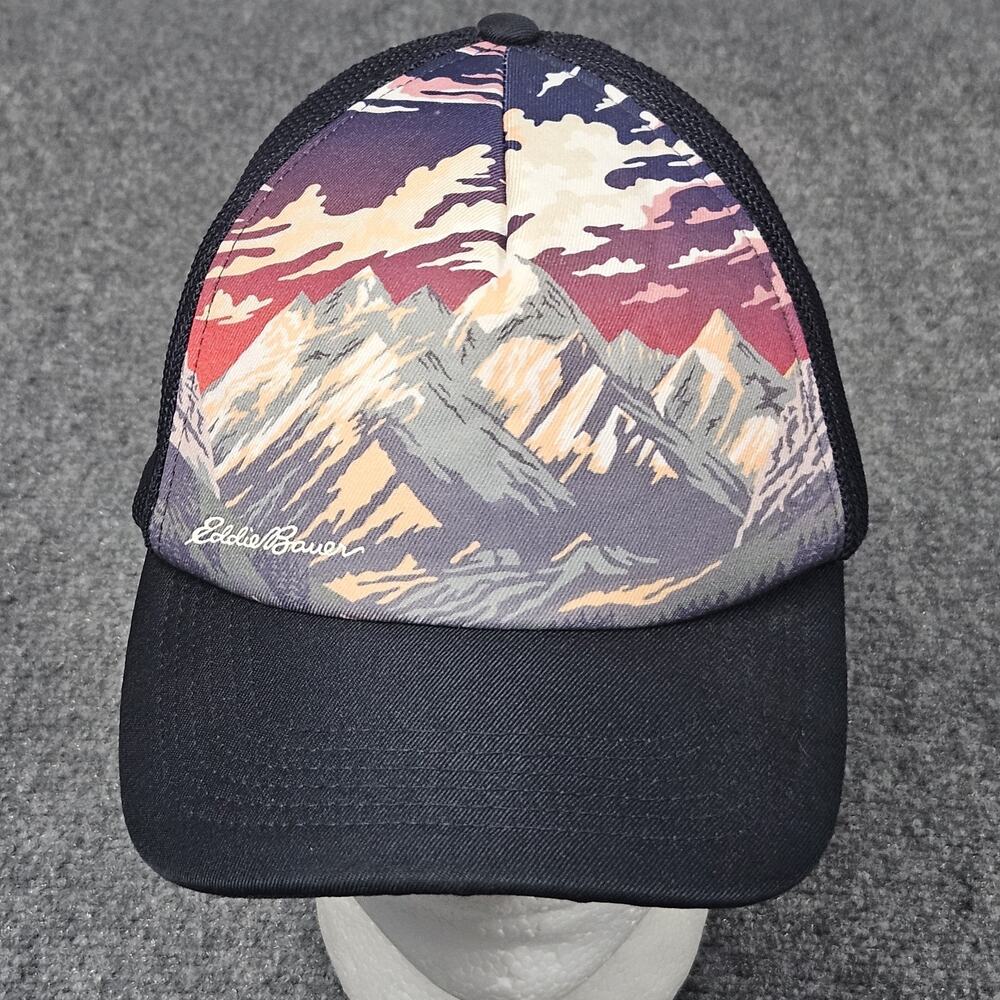 Eddie Bauer‎ Black Trucker Hat Mountain Graphic Mesh Snapback Cap Nature Outdoor